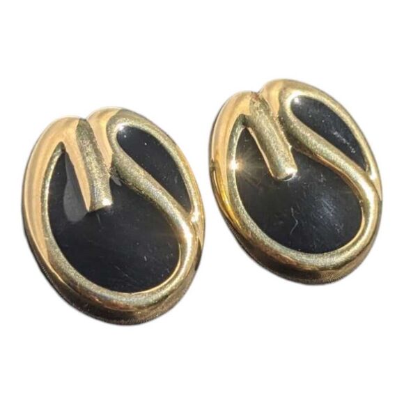 Vintage St John Gold Tone‎ Black Enamel Clip on Earrings - Picture 1 of 4